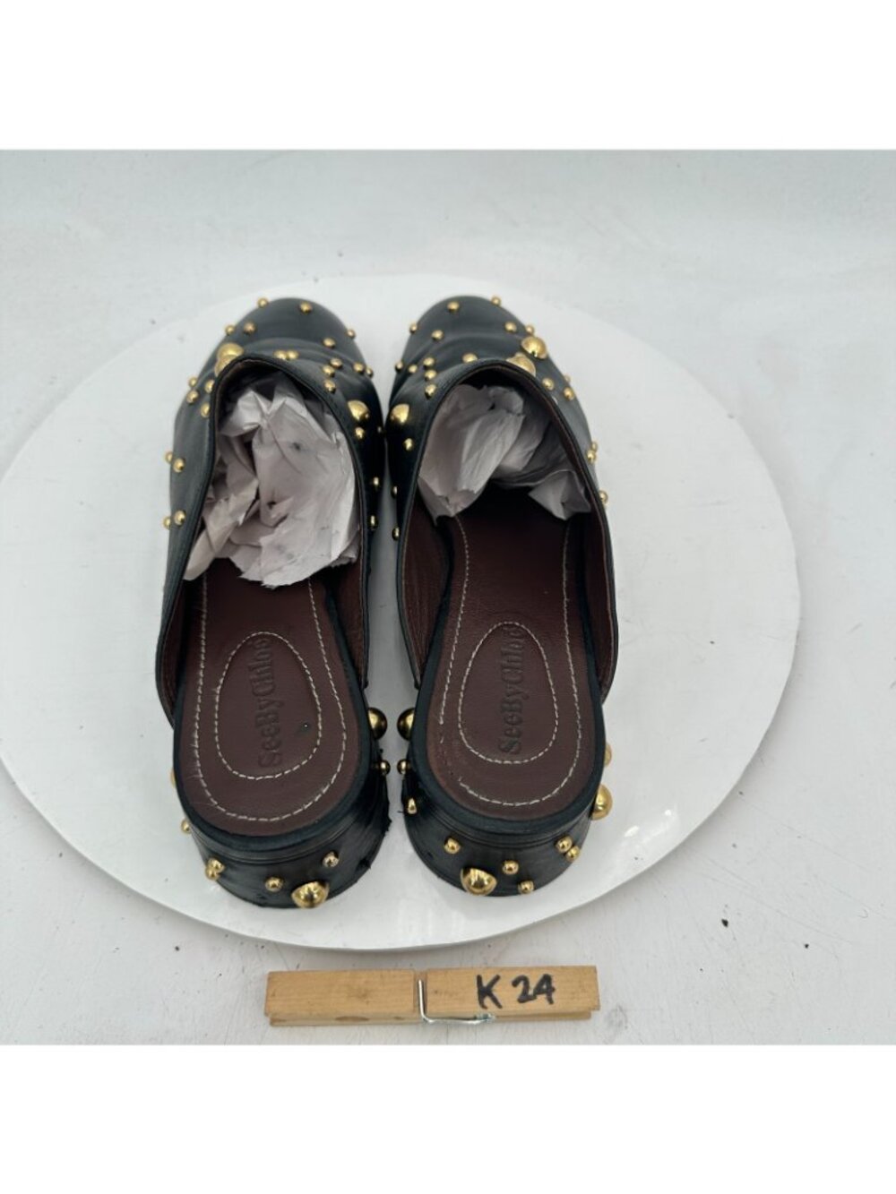 See By Chloe Women Size EU 39.5 US 9.5 Black Suede Gold Studded Mules Sandal - Picture 9 of 13